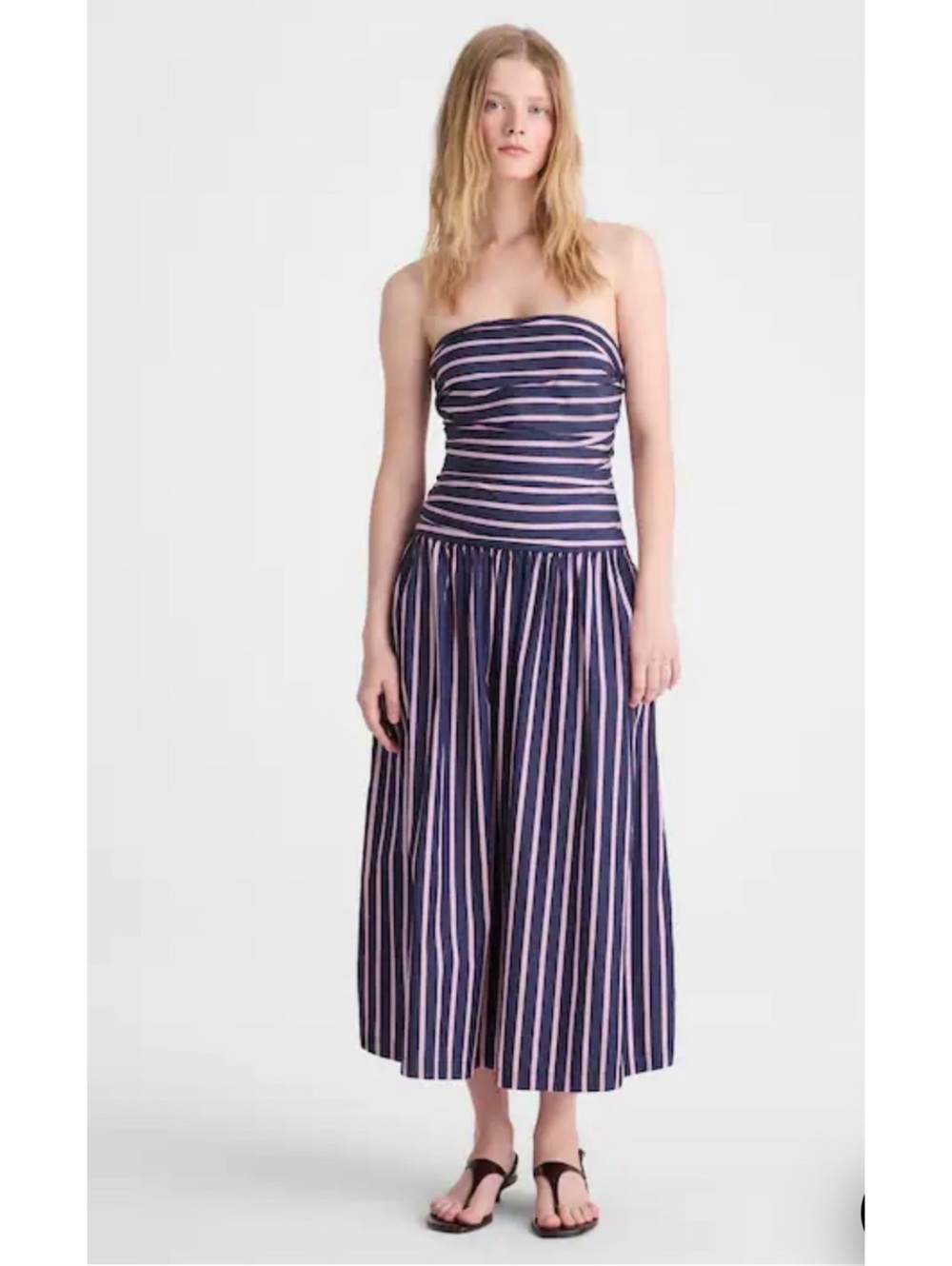 NWT Madewell Strapless Ruched Midi Dress in Poplin Classic Indigo Stripe Size 6
